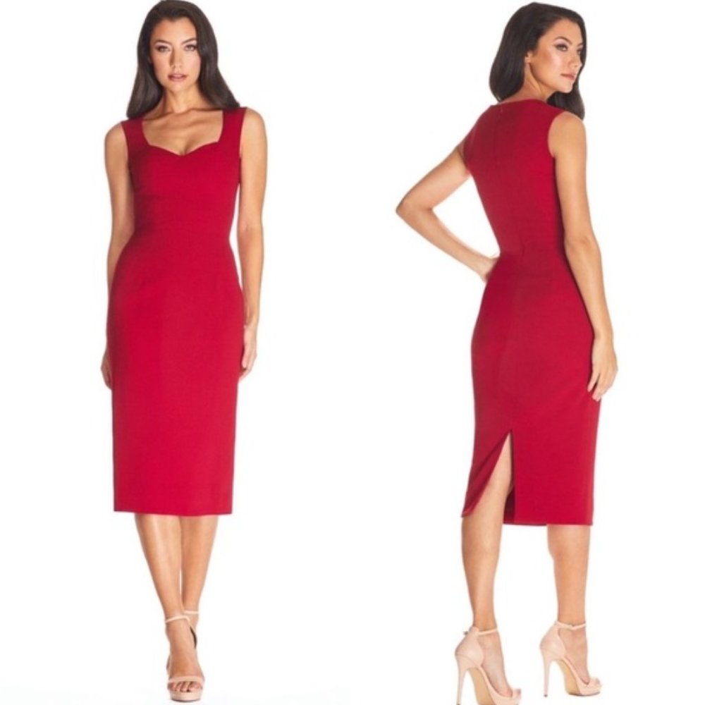 Dress the Population Sweetheart Neck Elle Midi Dress in Red XL
